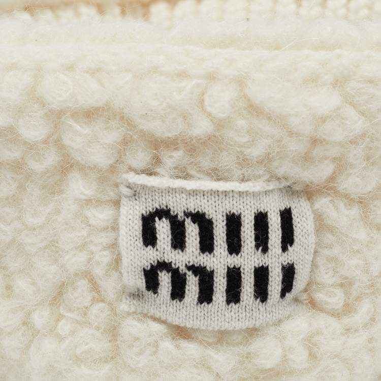 Pre Owned Miu Miu White Logo Applique Shearling Head band