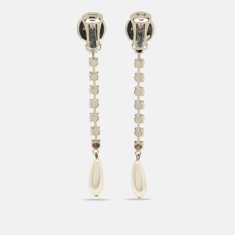 Pre Owned Miu Miu Silver Tone Crystal and Pearl Drop Earrings