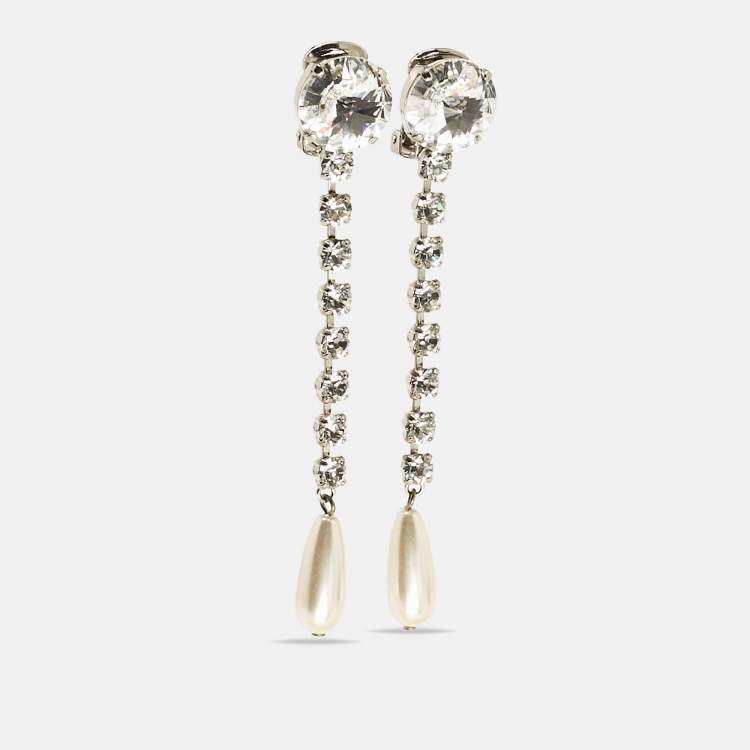 Pre Owned Miu Miu Silver Tone Crystal and Pearl Drop Earrings