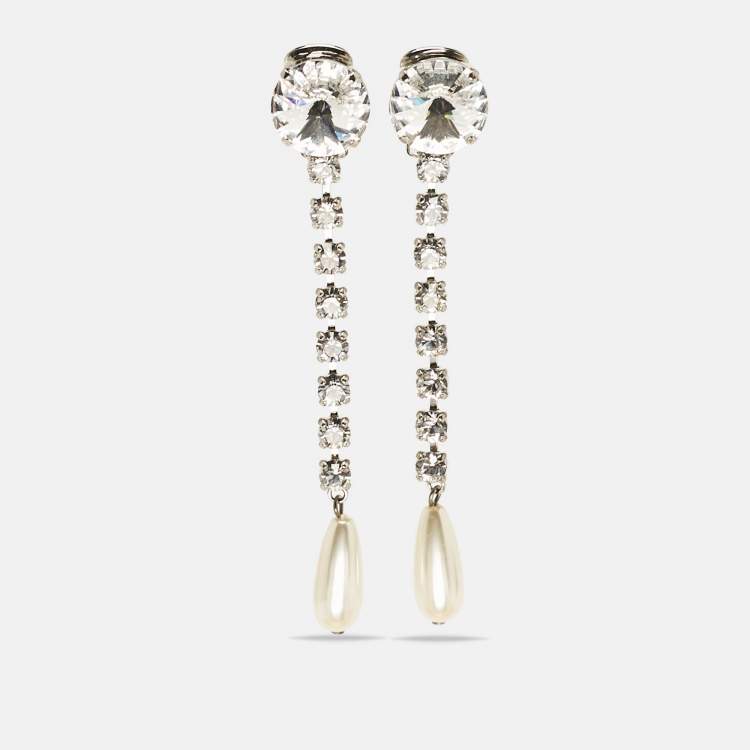 Pre Owned Miu Miu Silver Tone Crystal and Pearl Drop Earrings