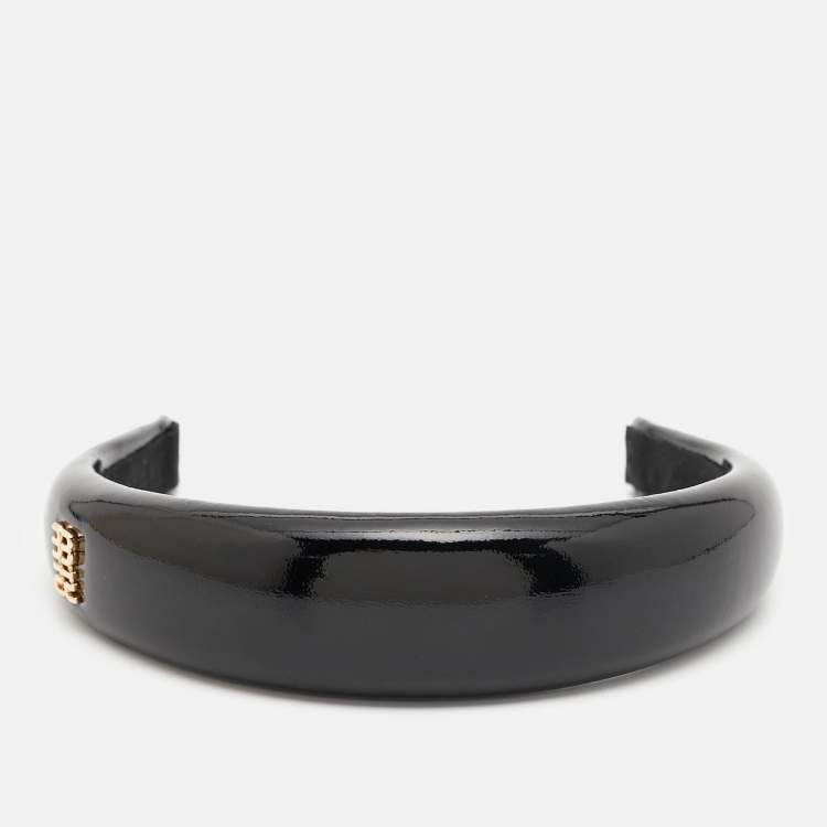 Pre Owned Miu Miu Black Patent Leather Logo Plaque Detail Headband 