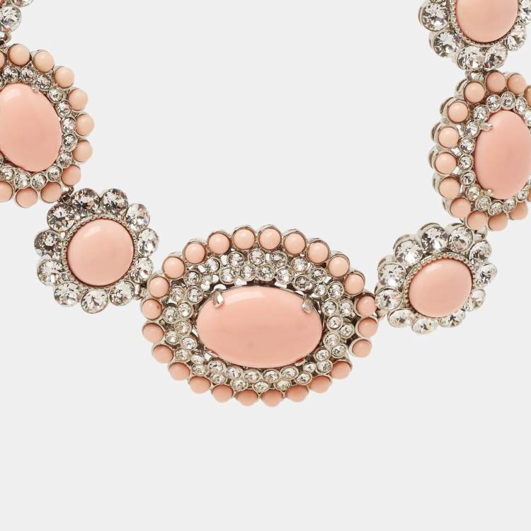 Pre Owned Miu Miu  Pink Composite Crystal Embellished Silver Tone Floral Choker Necklace