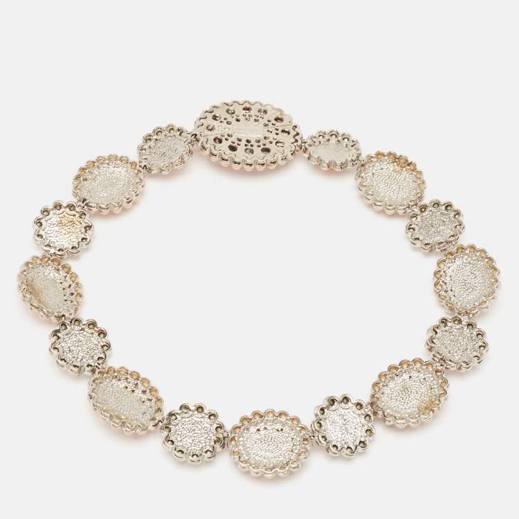 Pre Owned Miu Miu  Pink Composite Crystal Embellished Silver Tone Floral Choker Necklace