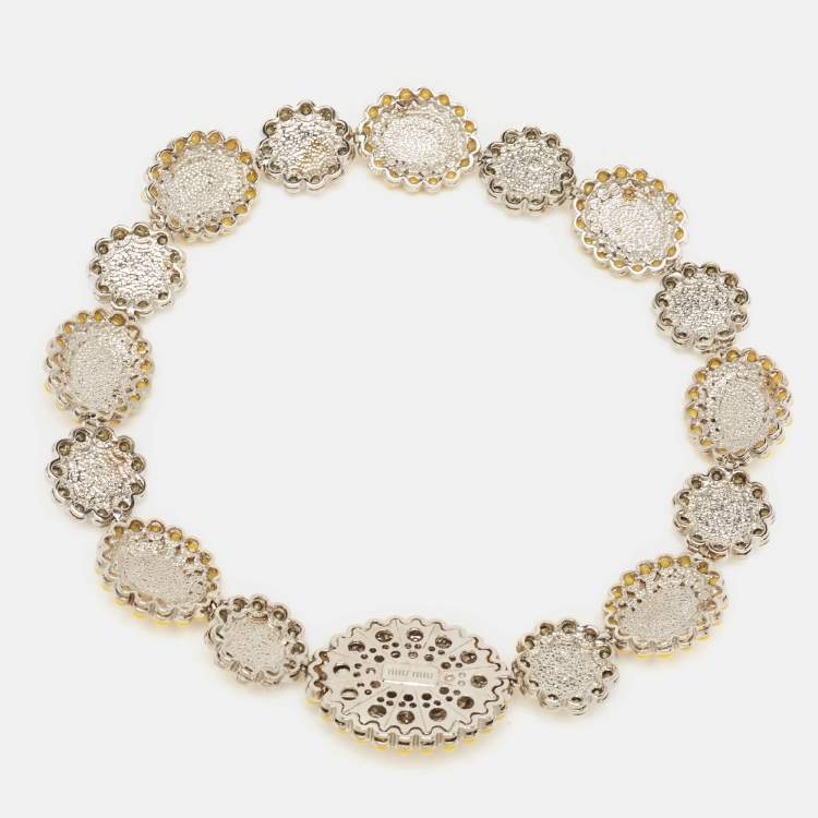 Pre Owned Miu Miu Yellow Composite Crystal Embellished SIlver Tone Floral Choker Necklace