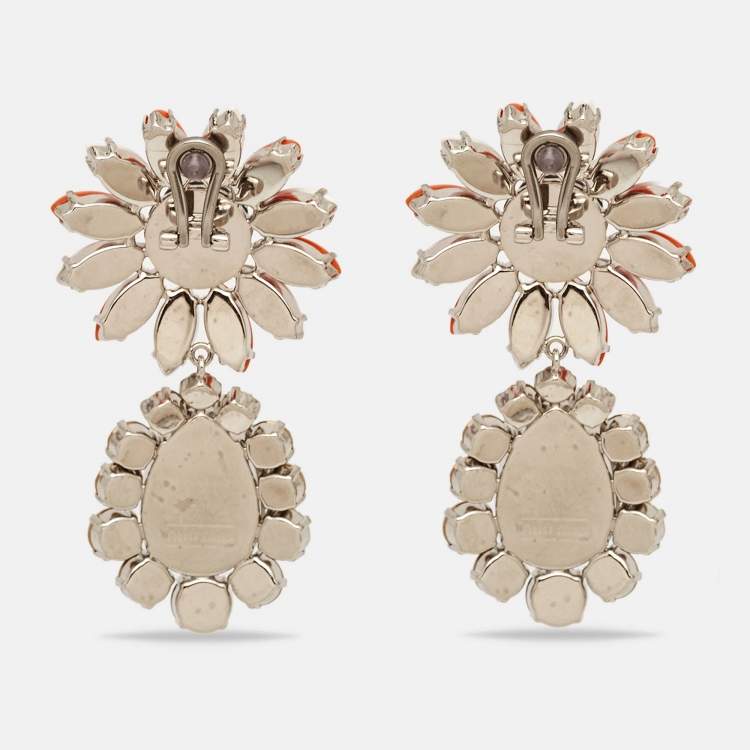 Pre Owned Miu Miu Daisy Composite Crystals Silver Tone Drop Earrings