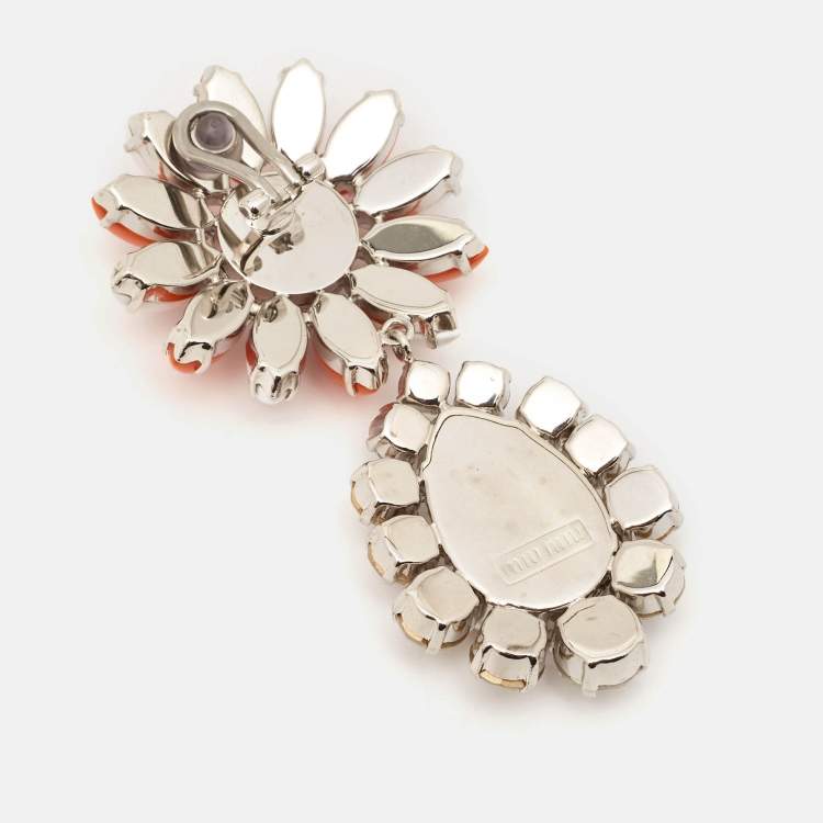 Pre Owned Miu Miu Daisy Composite Crystals Silver Tone Drop Earrings