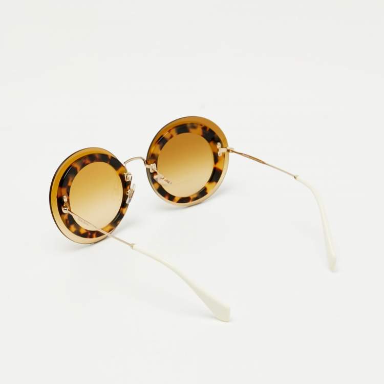 Pre Owned Miu Miu Gold Tone/Brown Gradient SMU10R Round Sunglasses