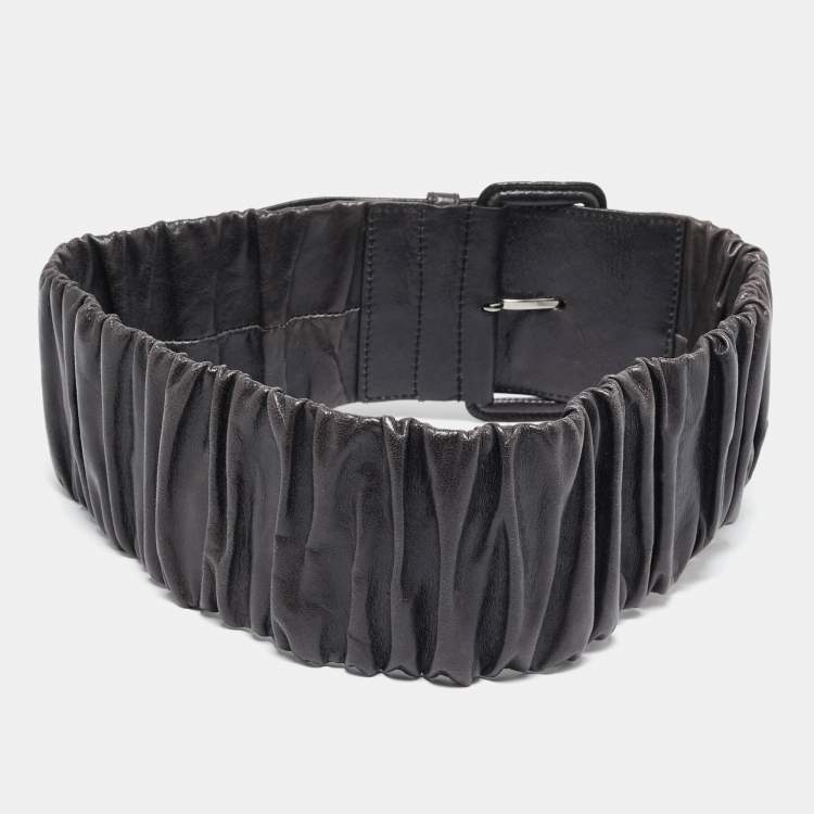 Pre Owned Miu Miu Grey Pleated Leather Waist Belt 75CM