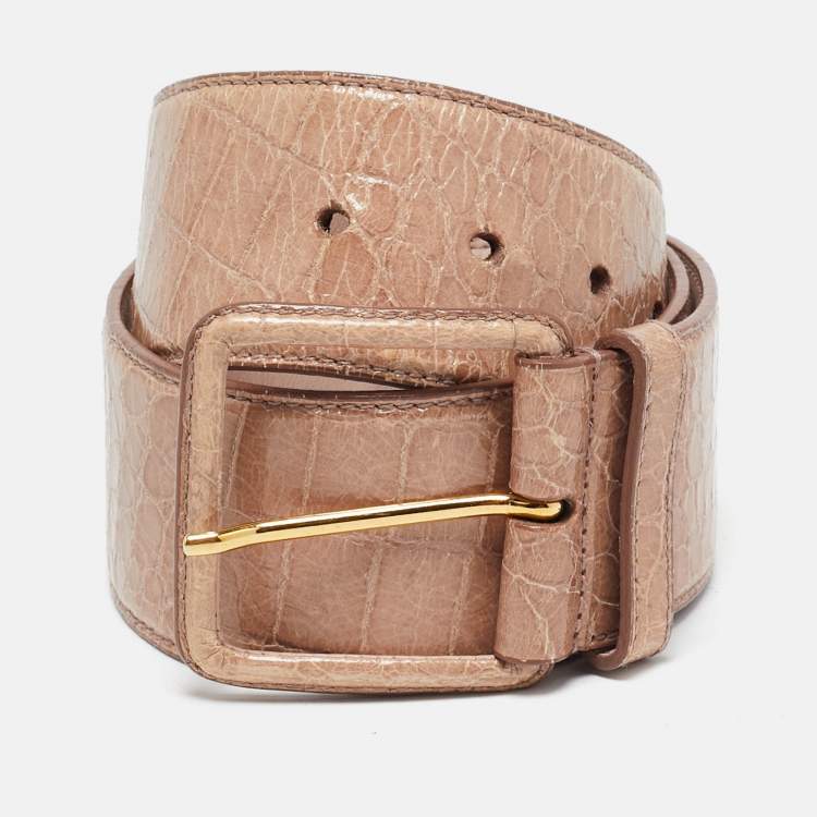 Pre Owned Miu Miu Old Rose Croc Embossed Patent Leather Buckle Belt 75CM