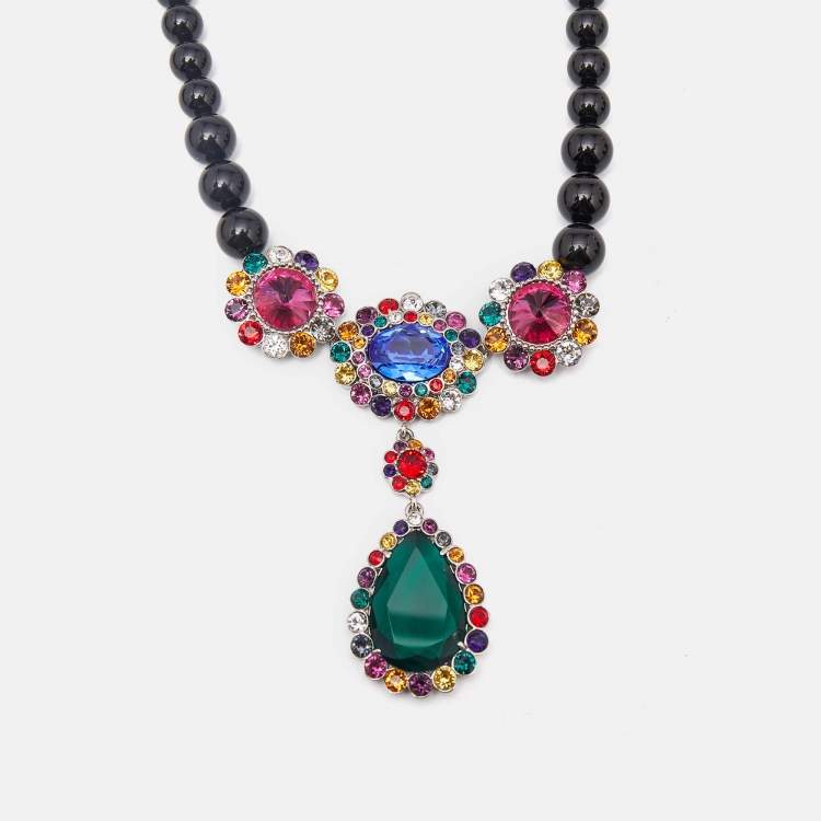 Pre Owned Miu Miu  Multi Color Crystals Beads Silver Tone Necklace
