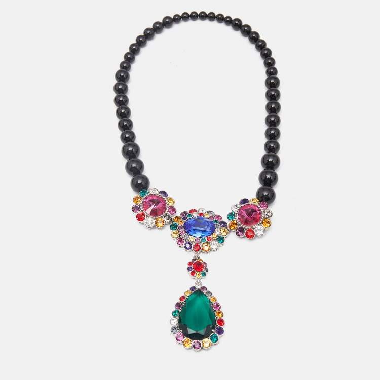 Pre Owned Miu Miu  Multi Color Crystals Beads Silver Tone Necklace