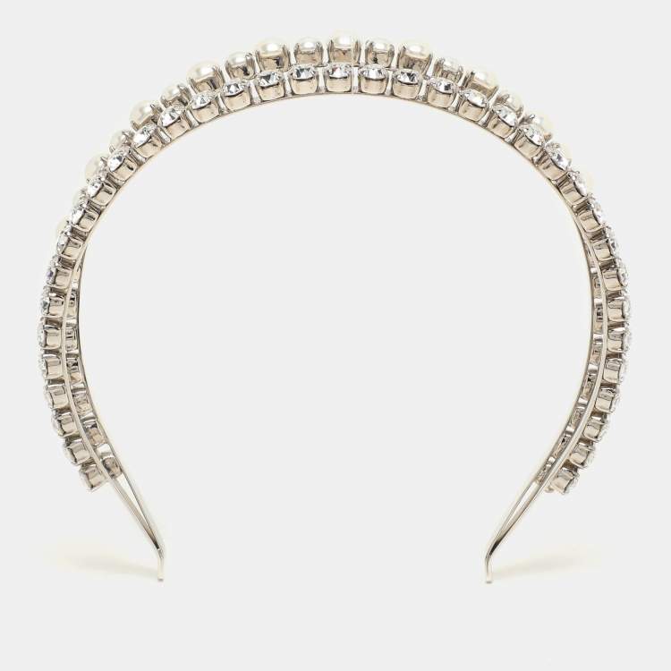 Pre Owned Miu Miu Silver Faux Pearl and Crystal Embellished Double Headband