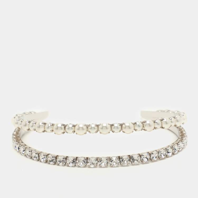 Pre Owned Miu Miu Silver Faux Pearl and Crystal Embellished Double Headband