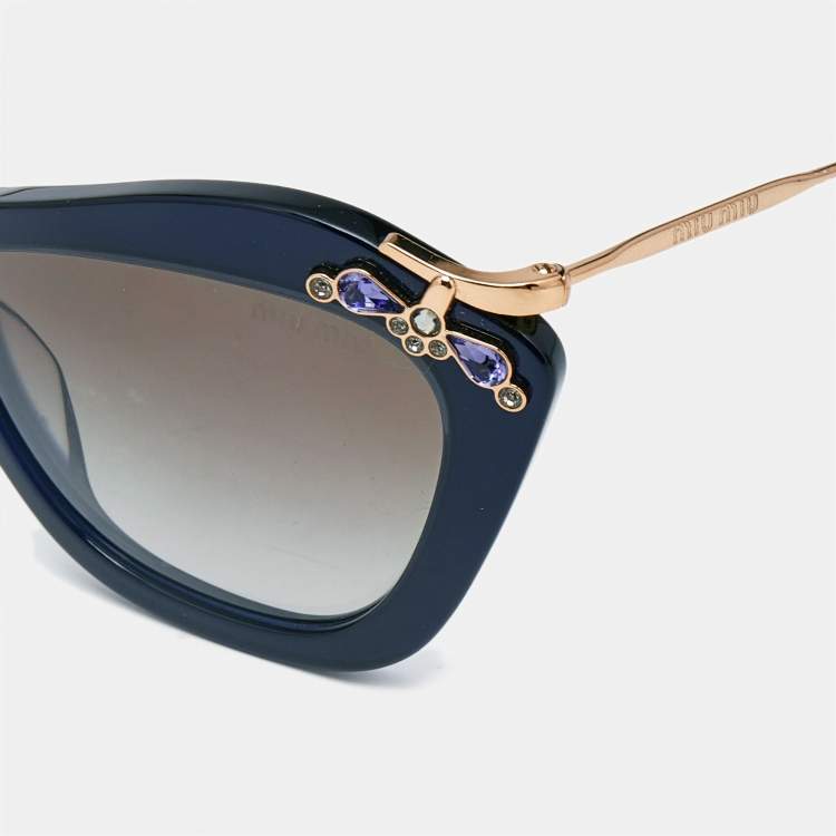 Pre Owned Miu Miu Navy Blue/Grey Gradient SMU 03P Crystals Cat Eye Sunglasses