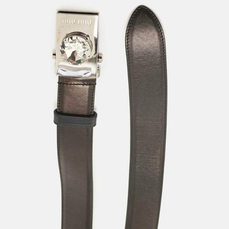 Pre Owned Miu Miu Black Leather Crystal Buckle Belt 80 CM