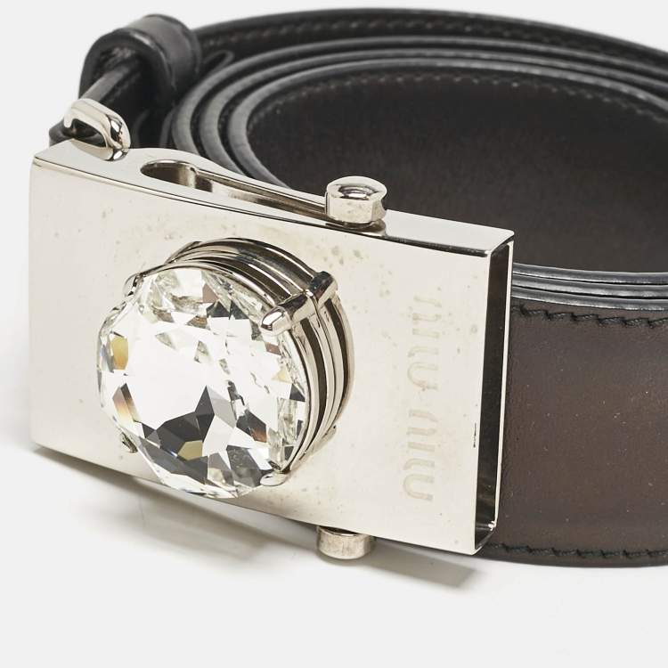 Pre Owned Miu Miu Black Leather Crystal Buckle Belt 80 CM