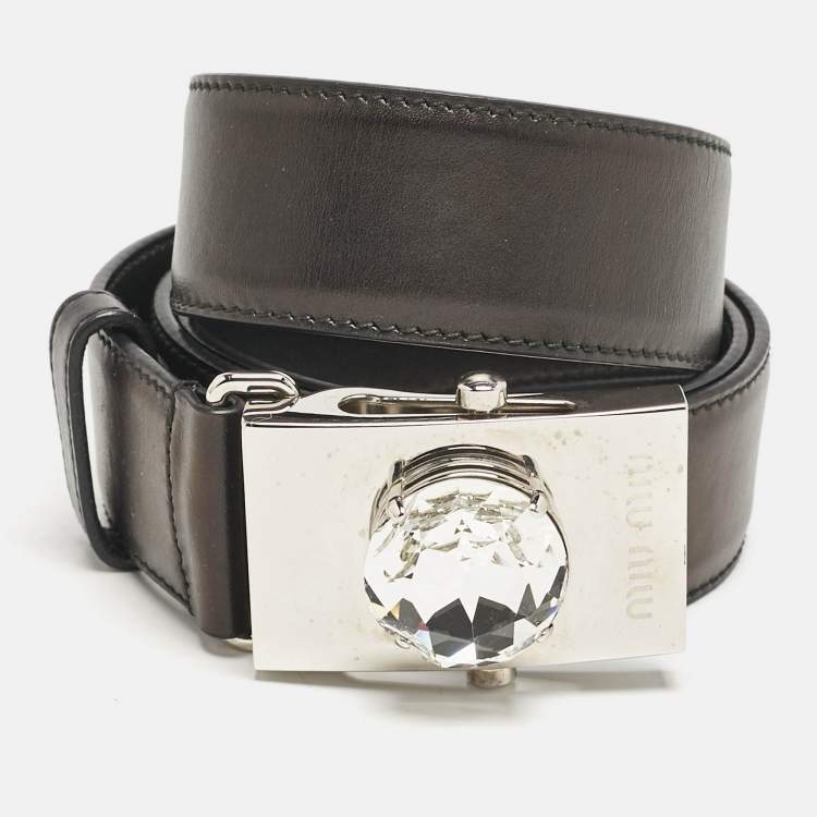 Pre Owned Miu Miu Black Leather Crystal Buckle Belt 80 CM