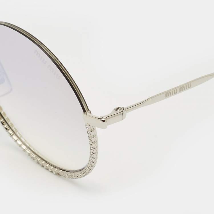 Pre Owned Miu Miu Beige/White Gradient Crystals Embellished Round Sunglasses