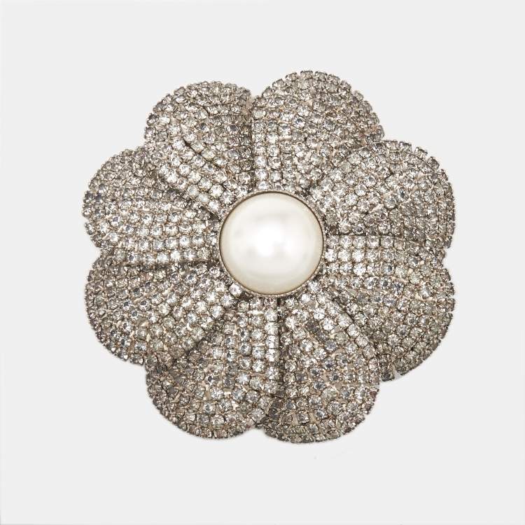 Pre Owned Miu Miu Floral Faux Pearl Crystal Silver Tone Brooch