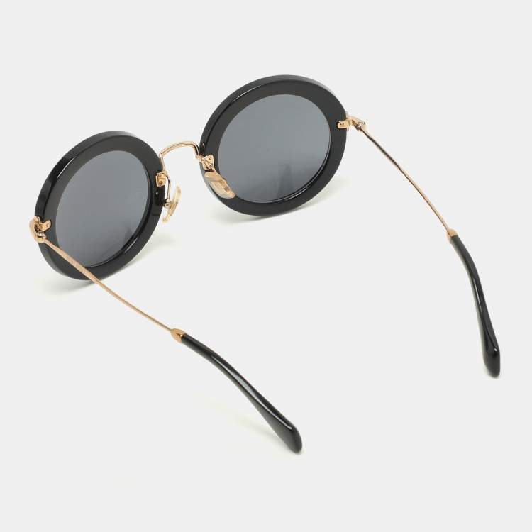 Pre Owned Miu Miu Black/Gold SMU 13N Round Sunglasses