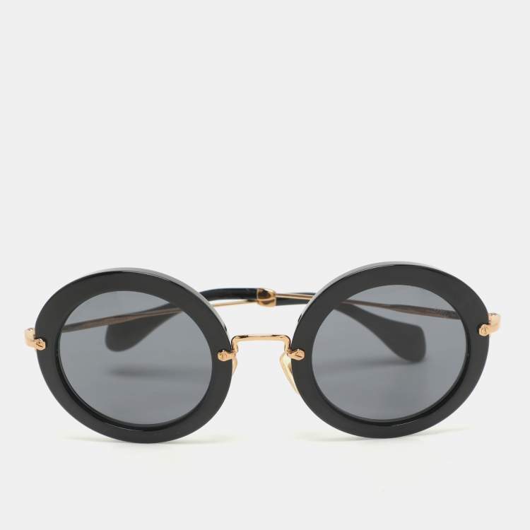 Pre Owned Miu Miu Black/Gold SMU 13N Round Sunglasses