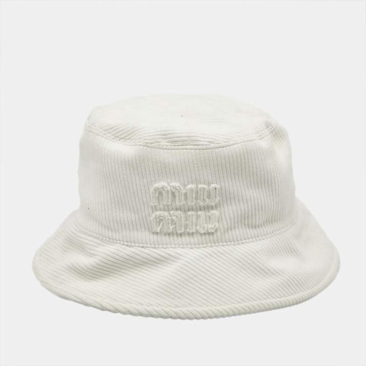 Pre Owned Miu Miu White Logo Corduroy Bucket Hat L