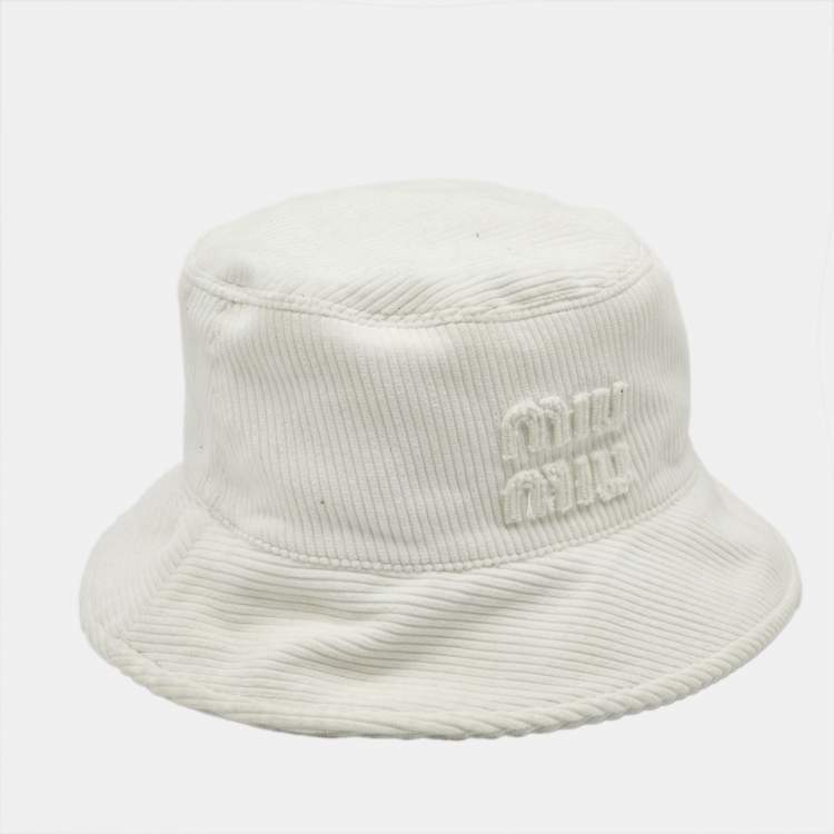 Pre Owned Miu Miu White Logo Corduroy Bucket Hat L