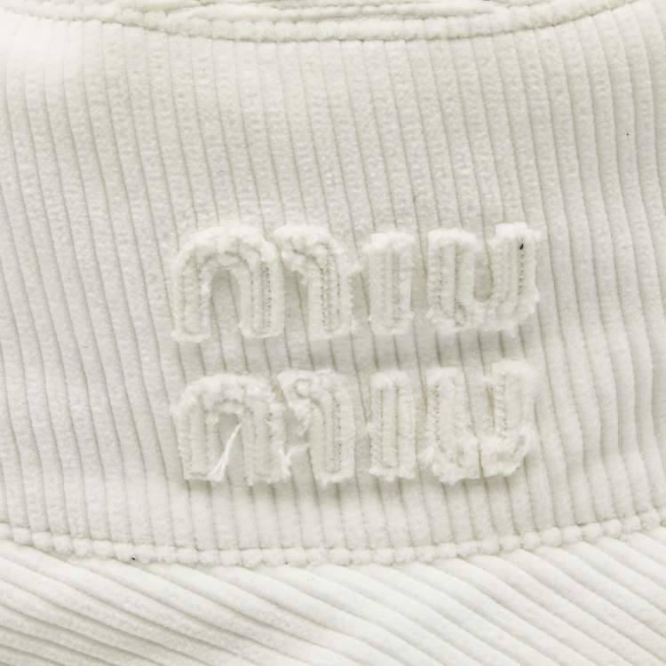 Pre Owned Miu Miu White Logo Corduroy Bucket Hat L