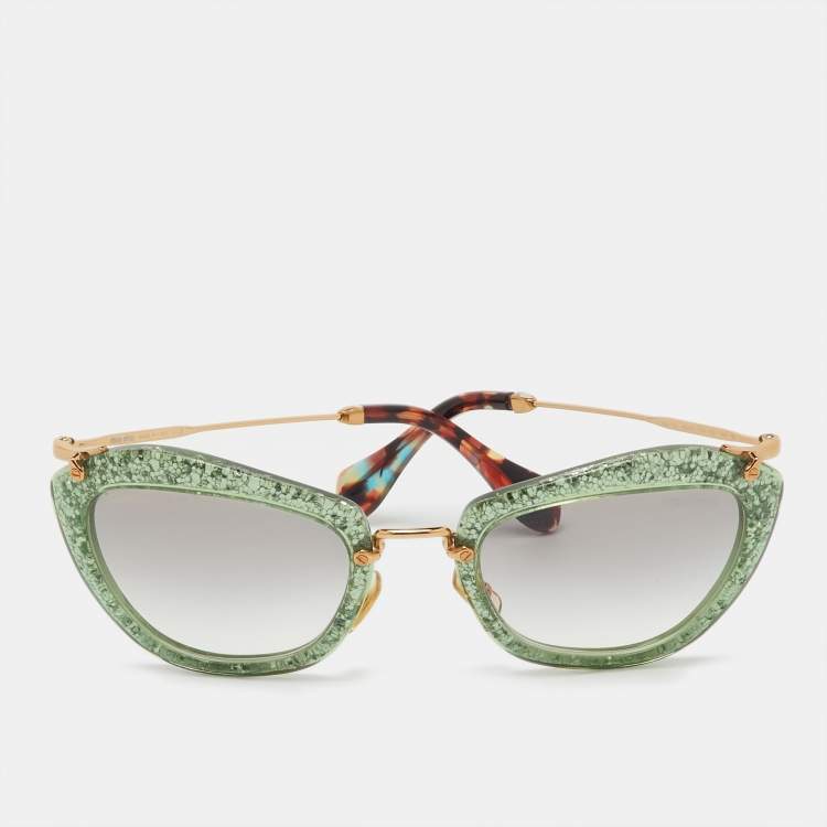 Pre Owned Miu Miu Green Glitter/Gradient SMU10N Cat-Eye Sunglasses