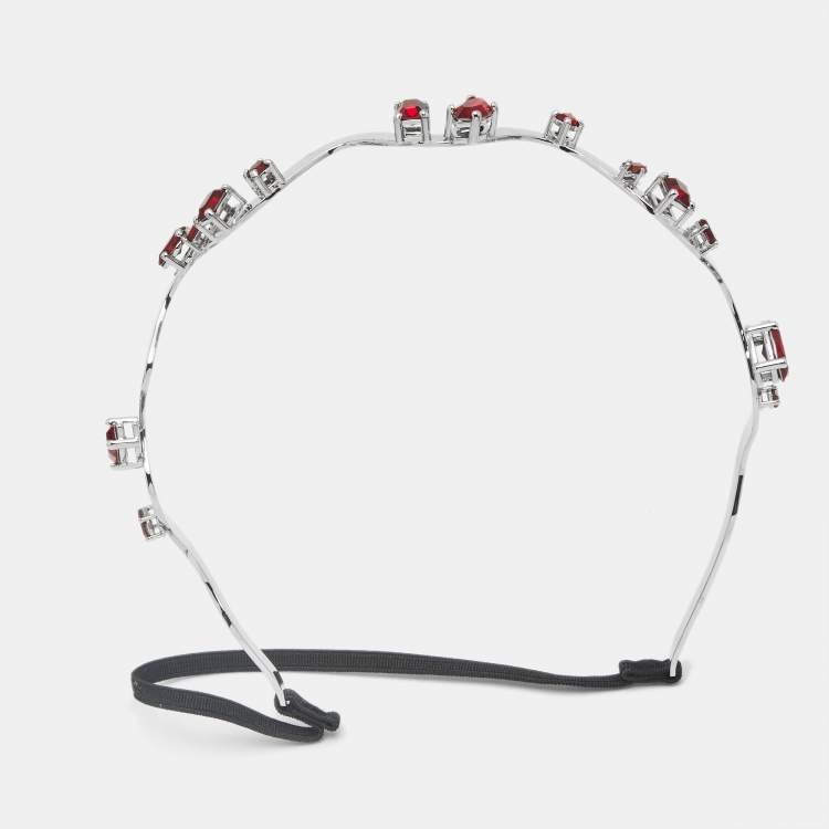 Pre Owned Miu Miu Red Crystals Silver Tone Head Band
