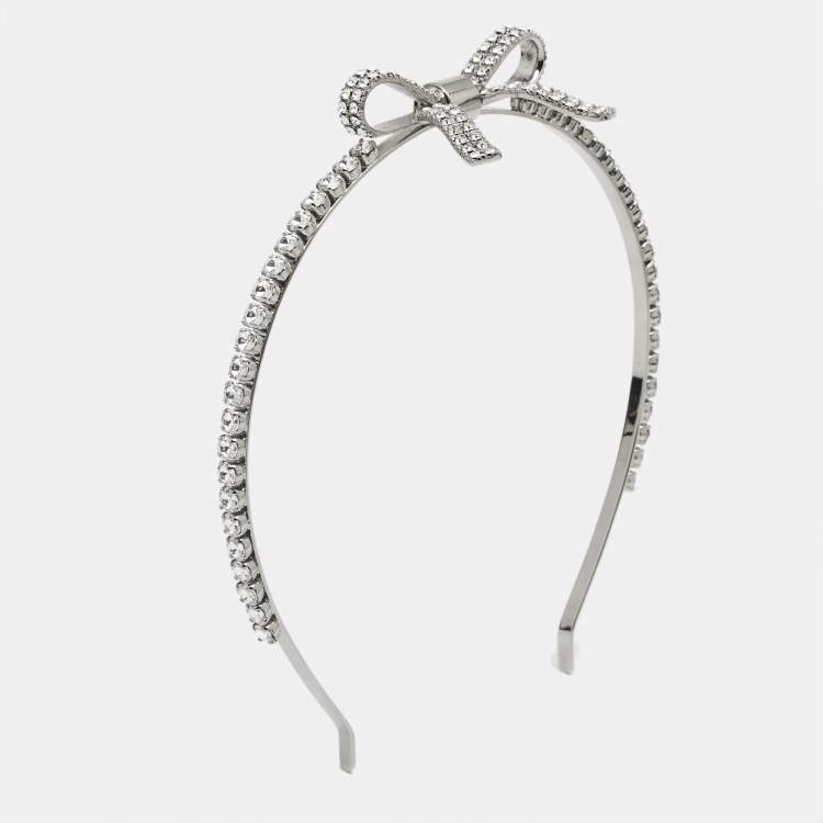 Pre Owned Miu Miu Bow Crystals Silver Tone Head Band