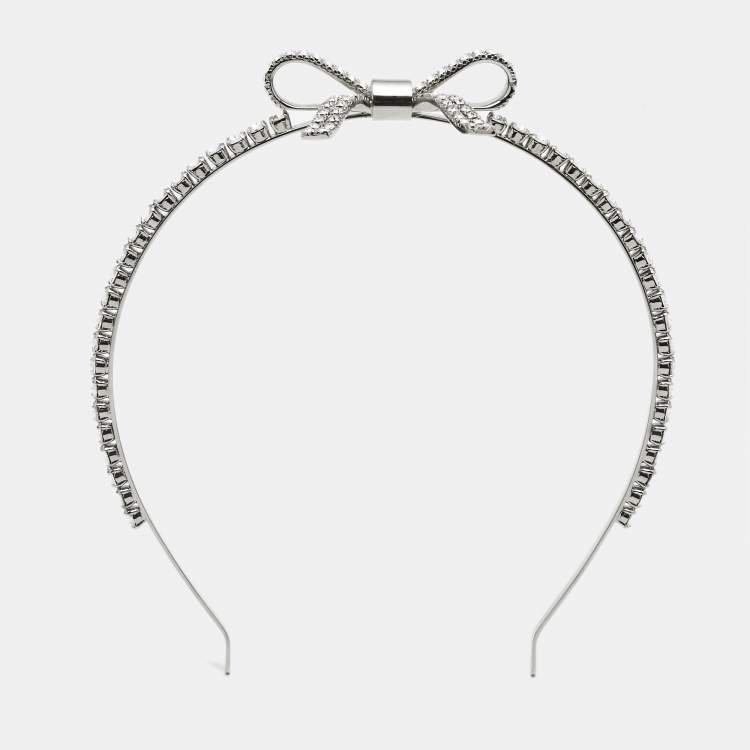 Pre Owned Miu Miu Bow Crystals Silver Tone Head Band