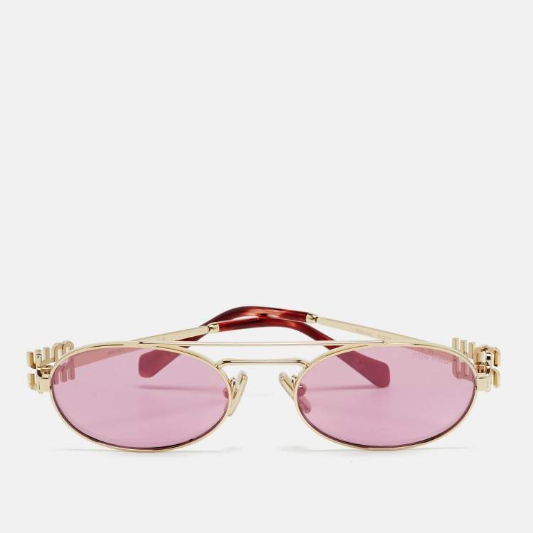 Pre Owned MIU MIU Gold/Pink SMU54Z Oval Sunglasses