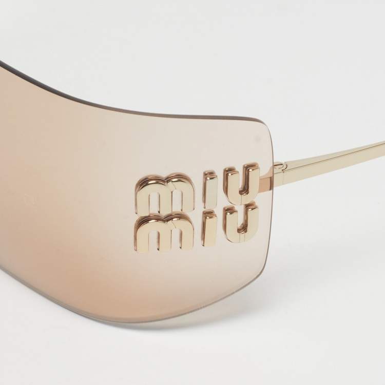 Pre Owned Miu Miu Beige/Gold Tone SMU 54Y Runaway Rectangle Sunglasses