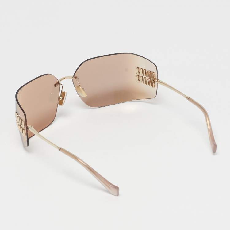 Pre Owned Miu Miu Beige/Gold Tone SMU 54Y Runaway Rectangle Sunglasses