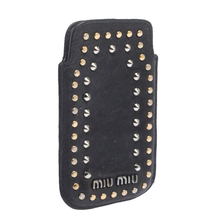 Pre Owned Miu Miu Navy Blue Leather Studded iPhone Case