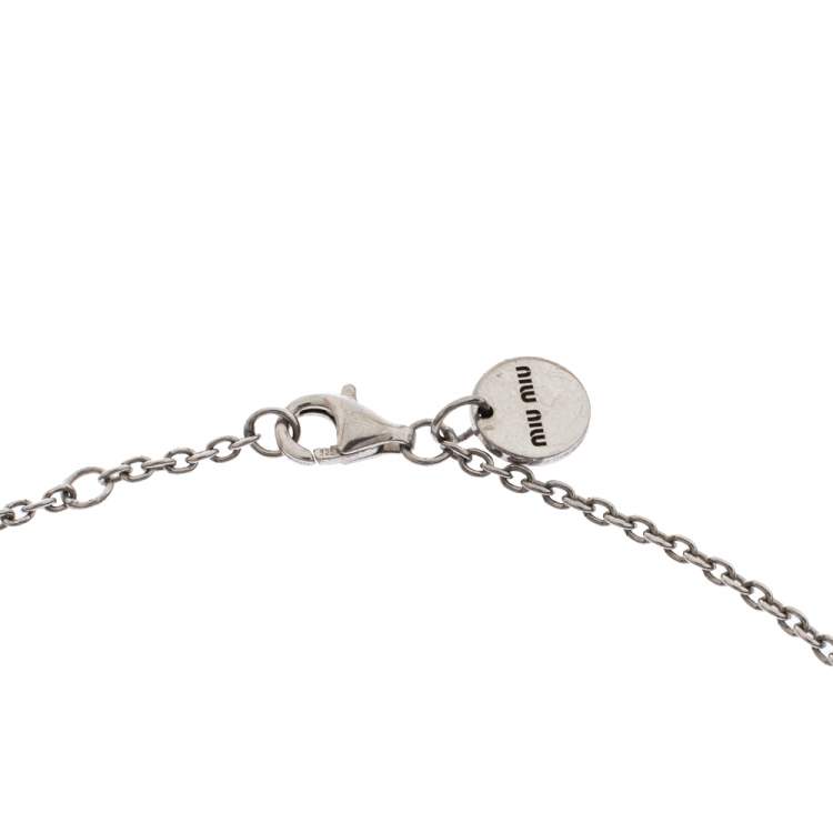 Pre Owned Miu Miu Snow Flake Crystal Embellished Drop Faux Pearl Silver Pendant Necklace.