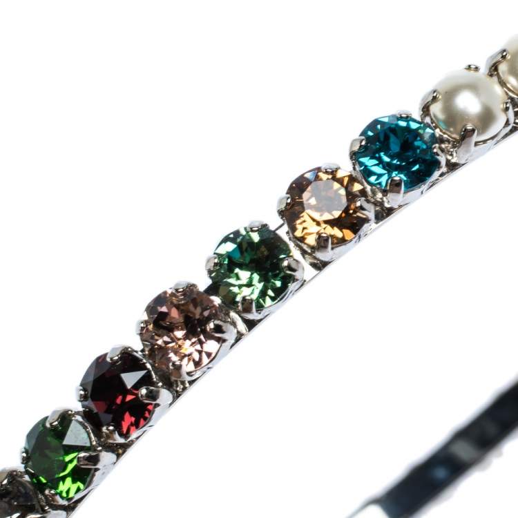 Pre Owned Miu Miu Multicolor Crystal & Faux Pearl Embellished Silver Tone Headband