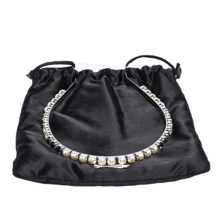 Pre Owned Miu Miu Multicolor Crystal & Faux Pearl Embellished Silver Tone Headband