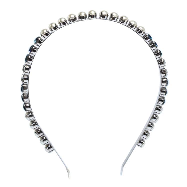 Pre Owned Miu Miu Multicolor Crystal & Faux Pearl Embellished Silver Tone Headband