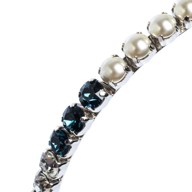 Pre Owned Miu Miu Multicolor Crystal & Faux Pearl Embellished Silver Tone Headband
