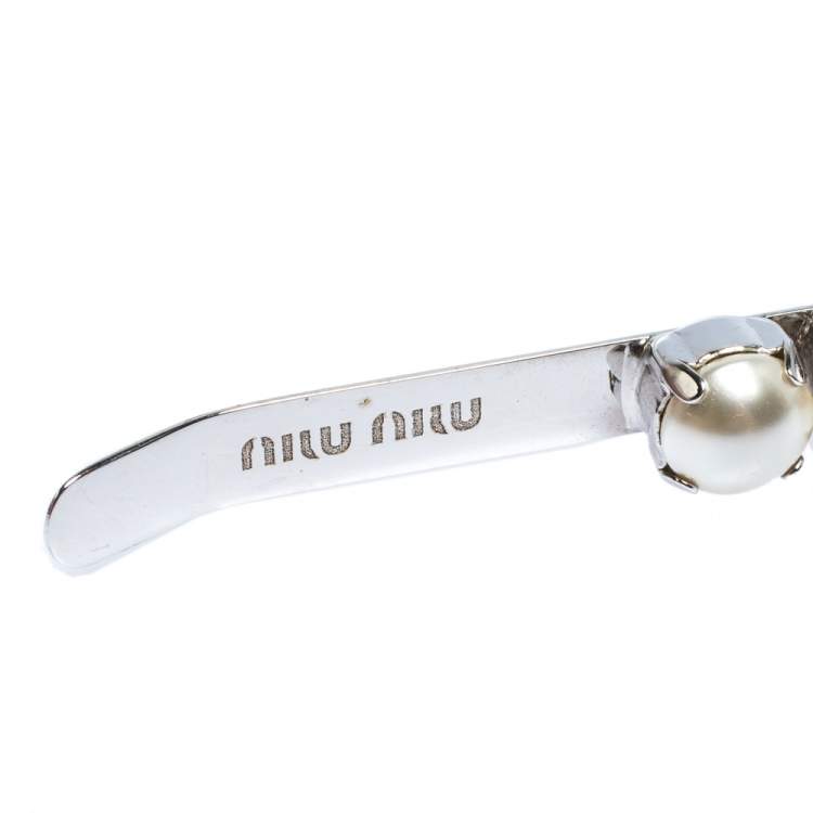 Pre Owned Miu Miu Multicolor Crystal & Faux Pearl Embellished Silver Tone Headband