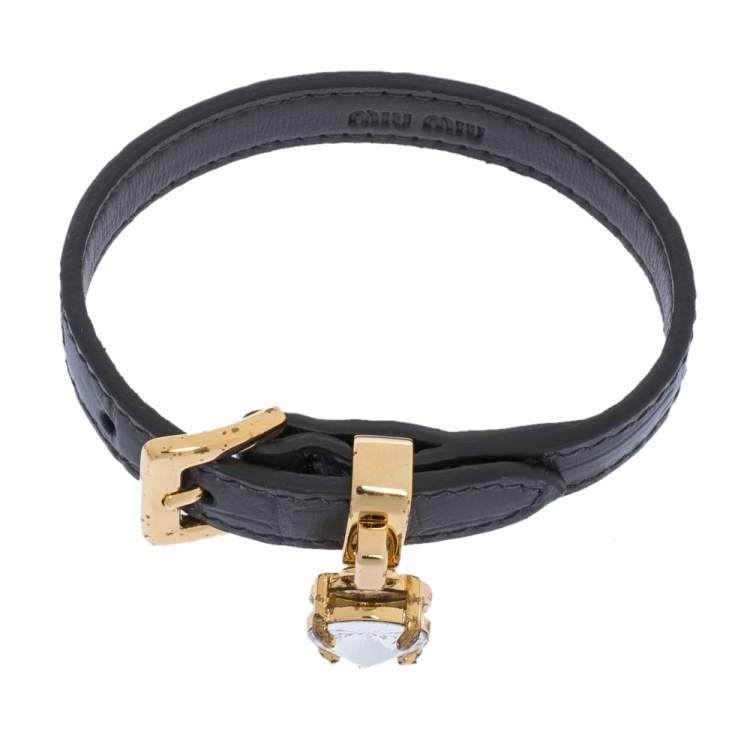 Pre Owned Miu Miu Grey Leather Crystal Gold Tone Bracelet
