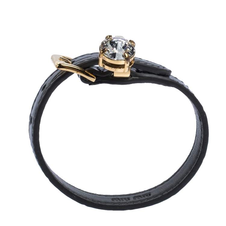 Pre Owned Miu Miu Grey Leather Crystal Gold Tone Bracelet