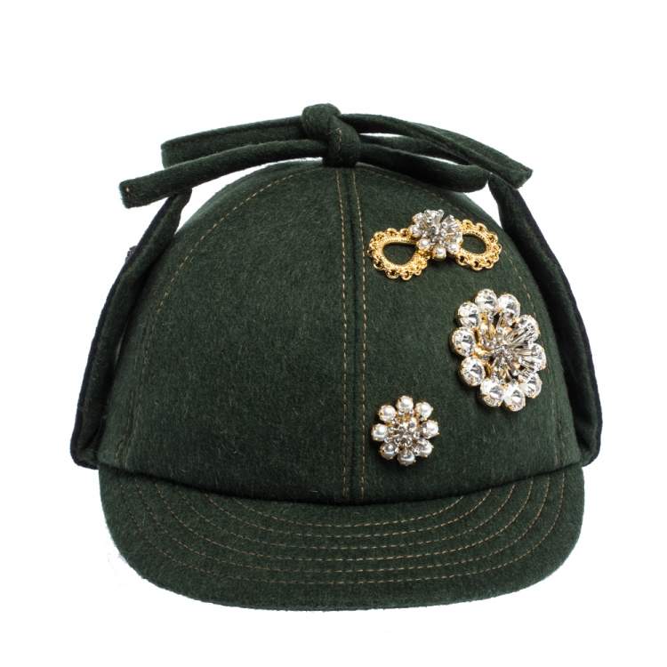 Pre Owned Miu Min Green Embellished Bow Top Felted Wool Cap S