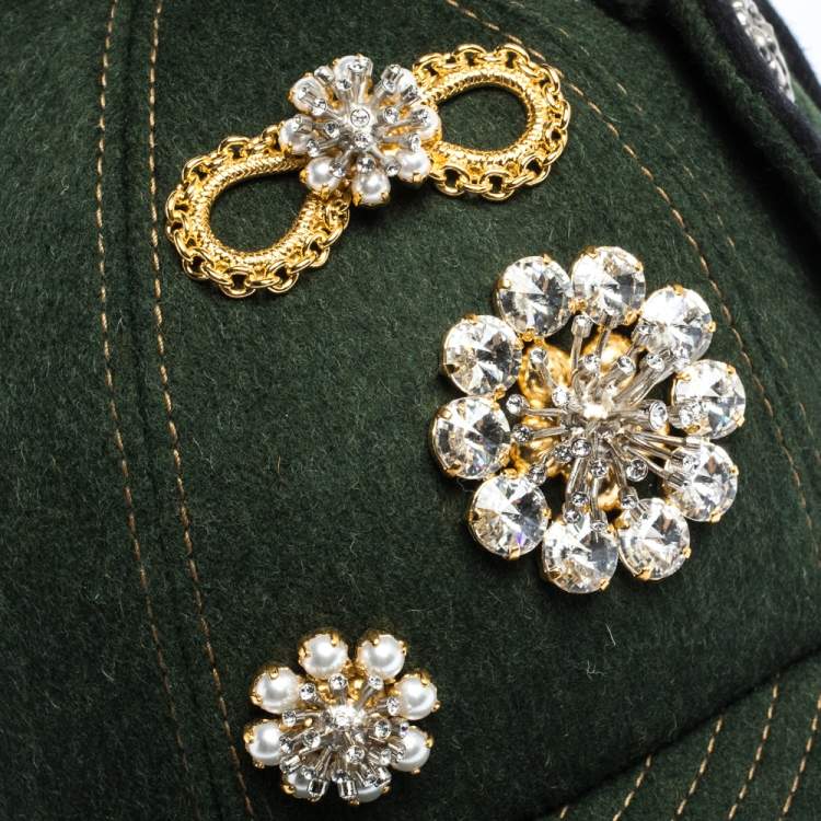 Pre Owned Miu Min Green Embellished Bow Top Felted Wool Cap S