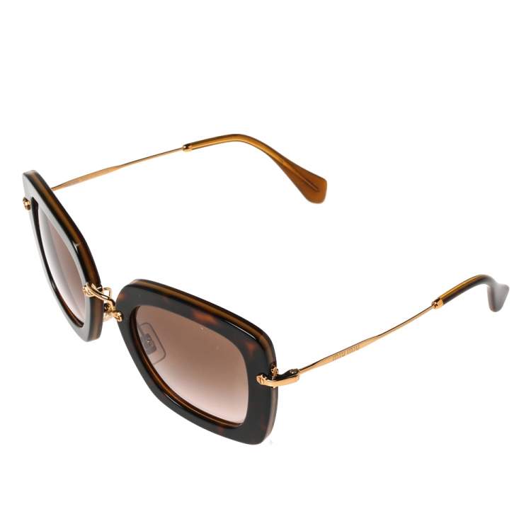 Pre Owned Miu Miu Havana & Gold /Brown Gradient SMU 07O Square Sunglasses