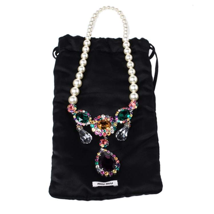 Pre Owned Miu Miu Multicolor Crystal Embellished Faux Pearl Necklace