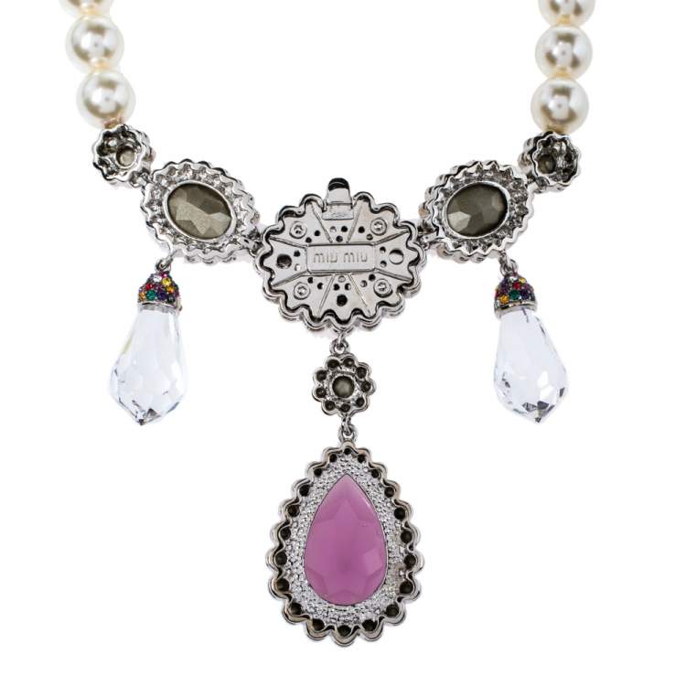 Pre Owned Miu Miu Multicolor Crystal Embellished Faux Pearl Necklace
