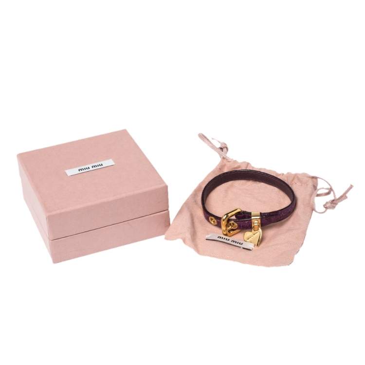 Pre Owned Miu Miu Purple Leather Gold Tone Heart Charm Bracelet